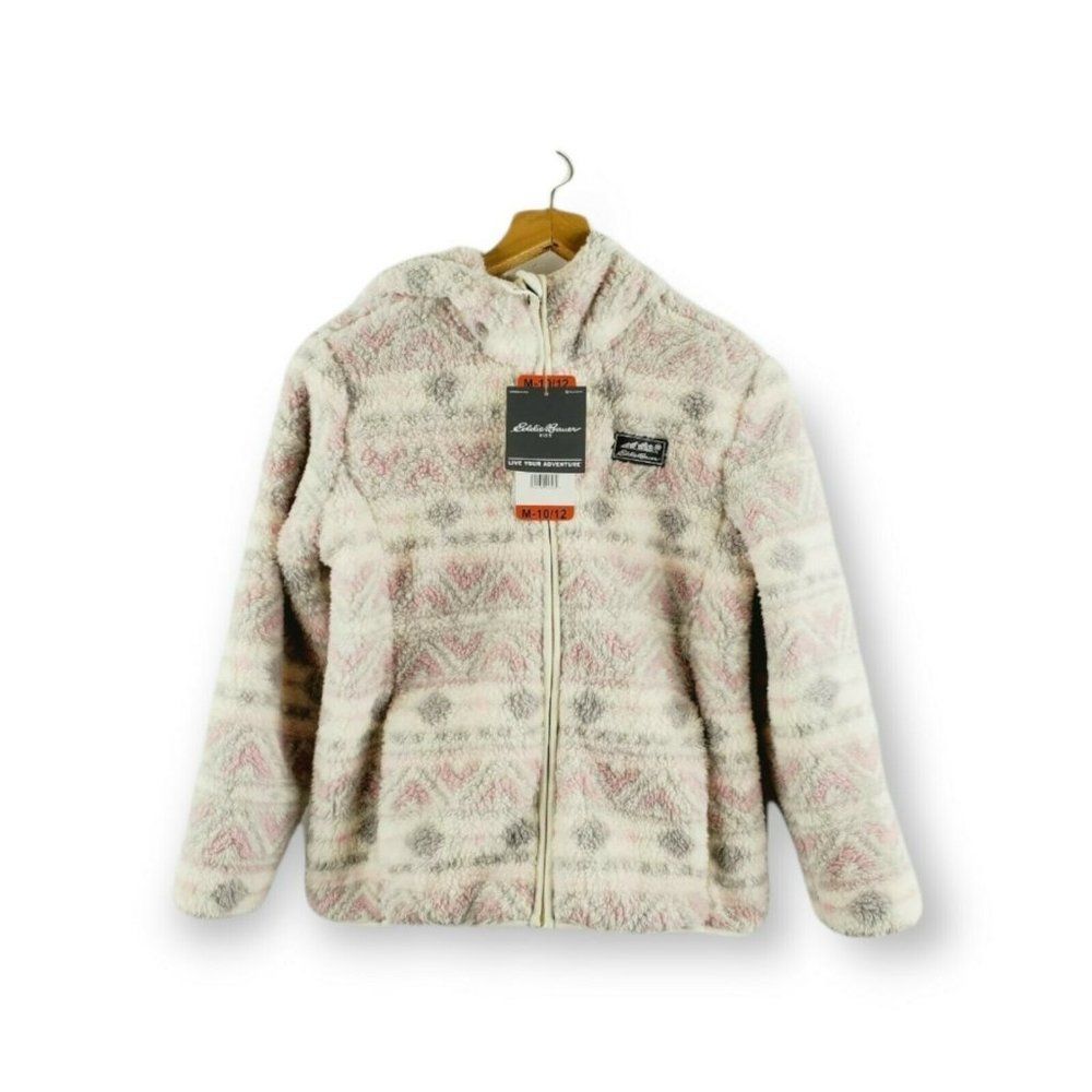 Eddie Bauer Girls Pink White Fair Isle Long Sleeve Hooded Fleece‎ Jacket M 10/12